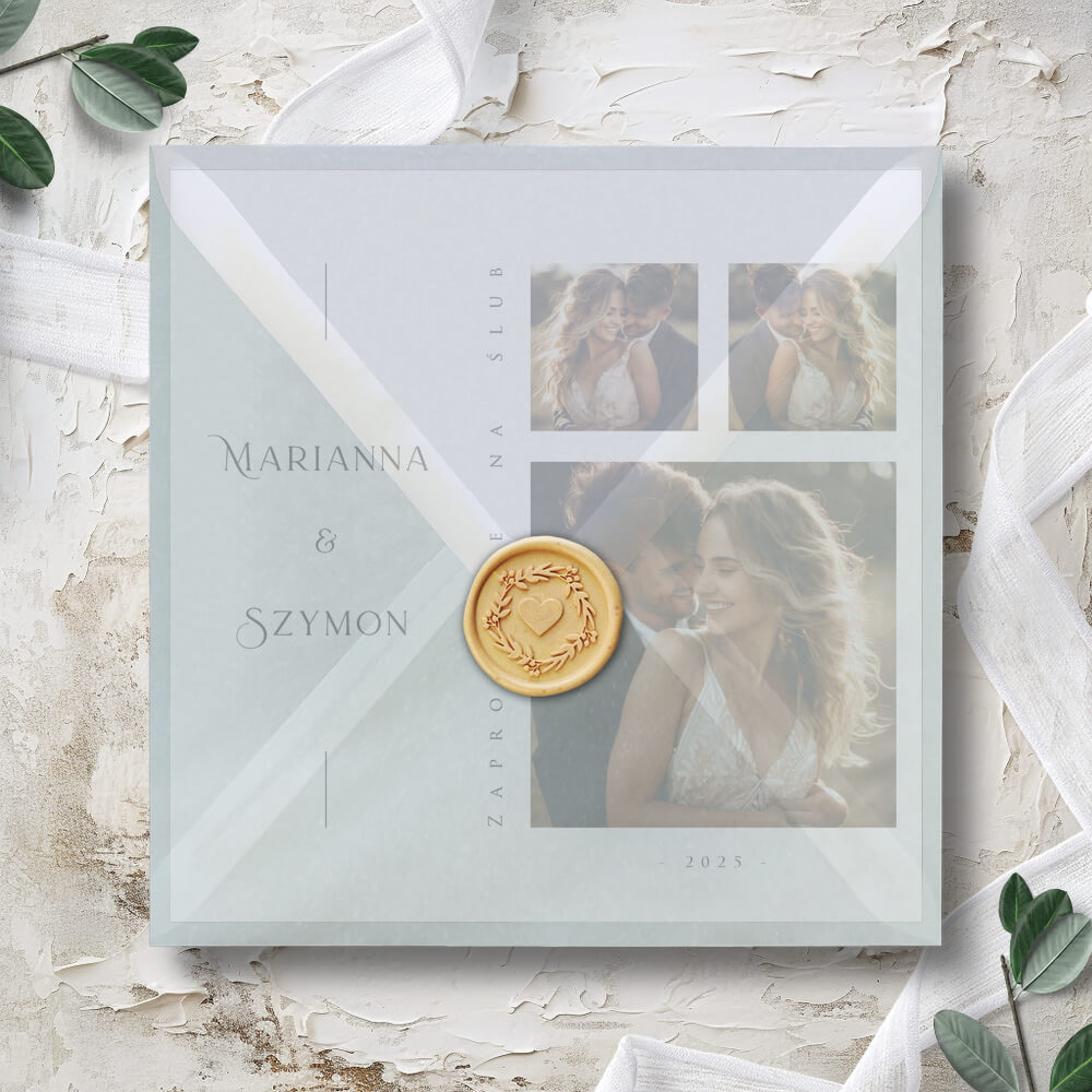 Minimalistyczne zaproszenia ślubne w kopercie z kalki ze zdjęciami pary